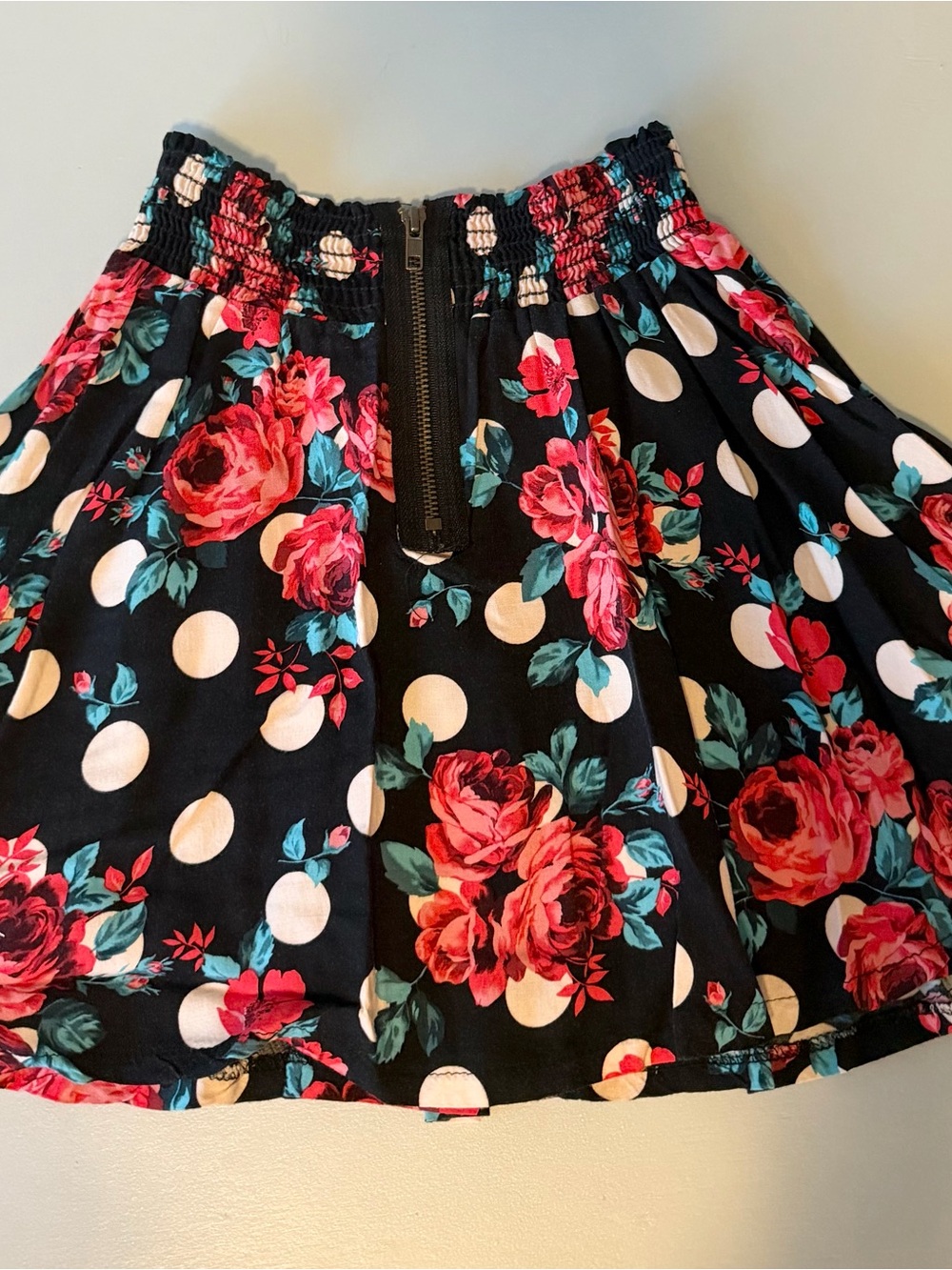 Lush Black Skater Skirt with Pink Roses and Cream Polka Dots
